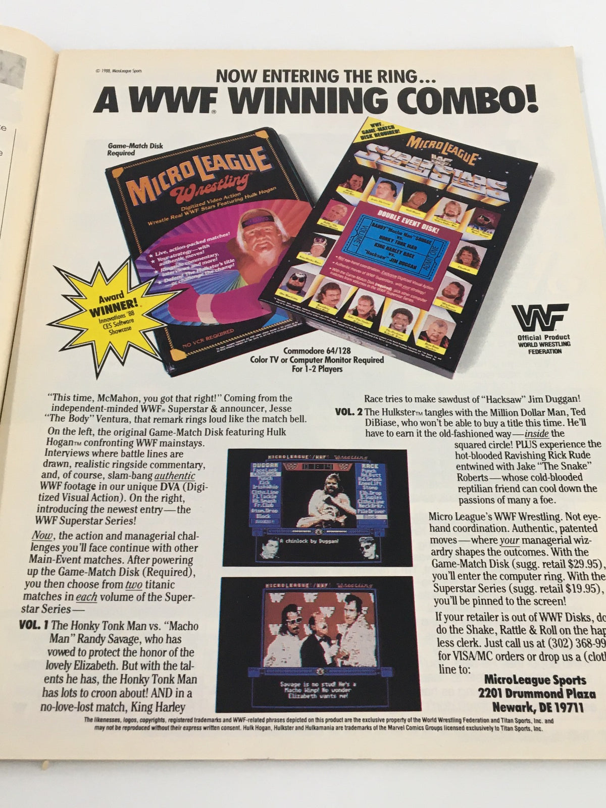 Inside page of VTG WWF Magazine November 1988 showcasing Micro League Wrestling game advertisement featuring legendary wrestlers.