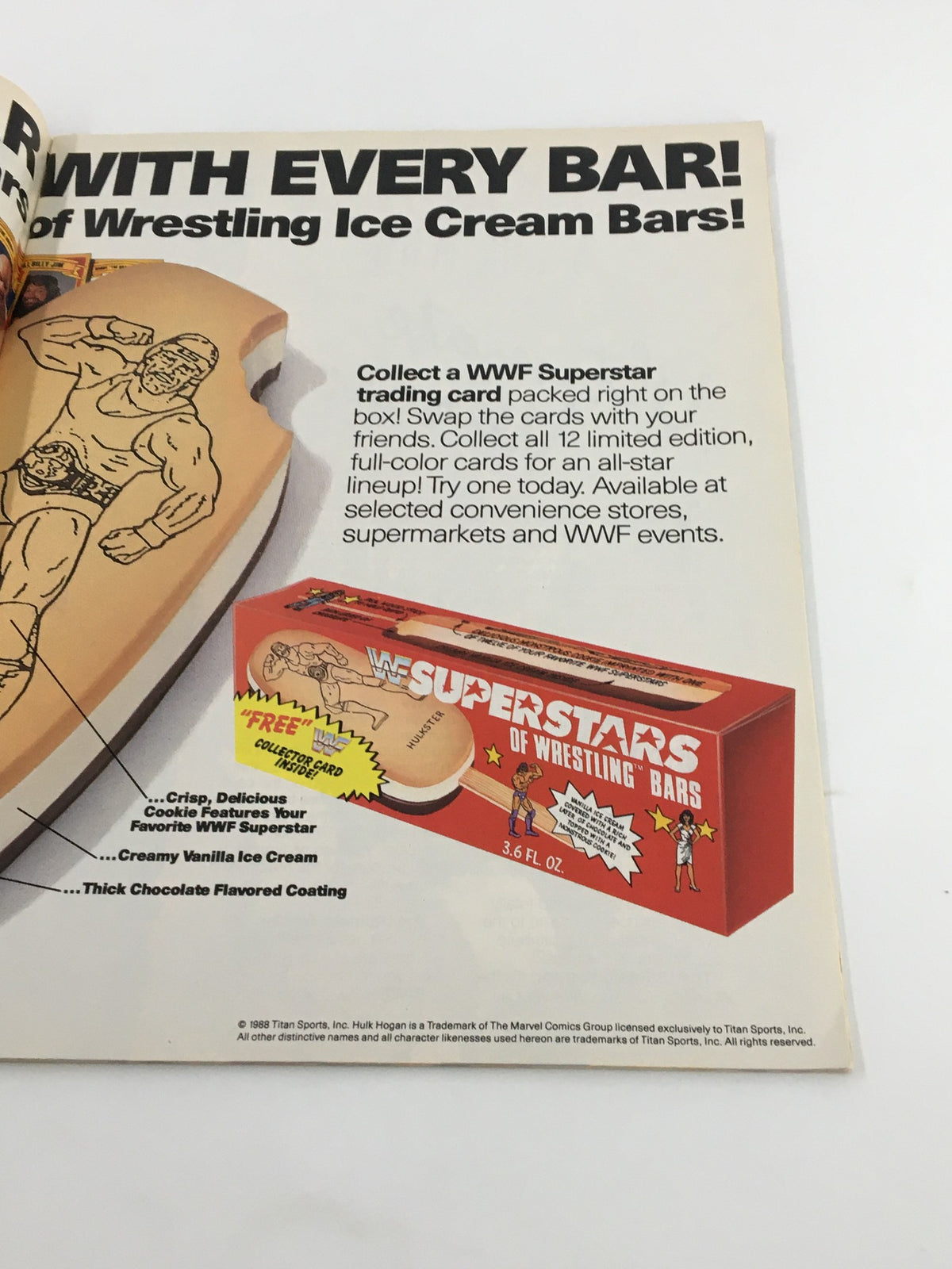 Promotional content from VTG WWF Magazine November 1988 highlighting WWF ice cream bars with trading cards and character illustrations.