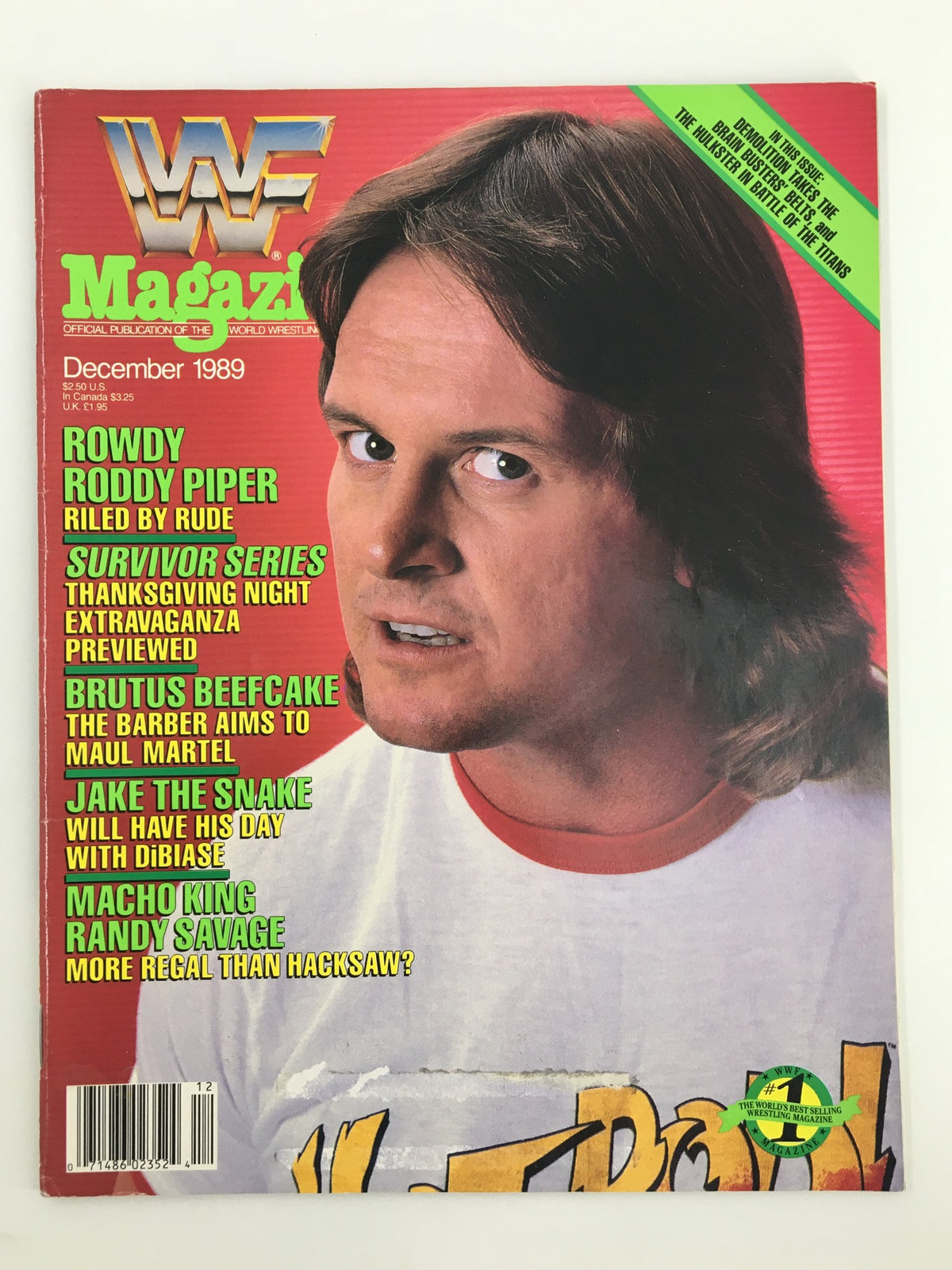 Cover of VTG WWF Magazine December 1989 featuring Rowdy Roddy Piper and Brutus Beefcake, showcasing their iconic wrestling personas and promotional content for Survivor Series.