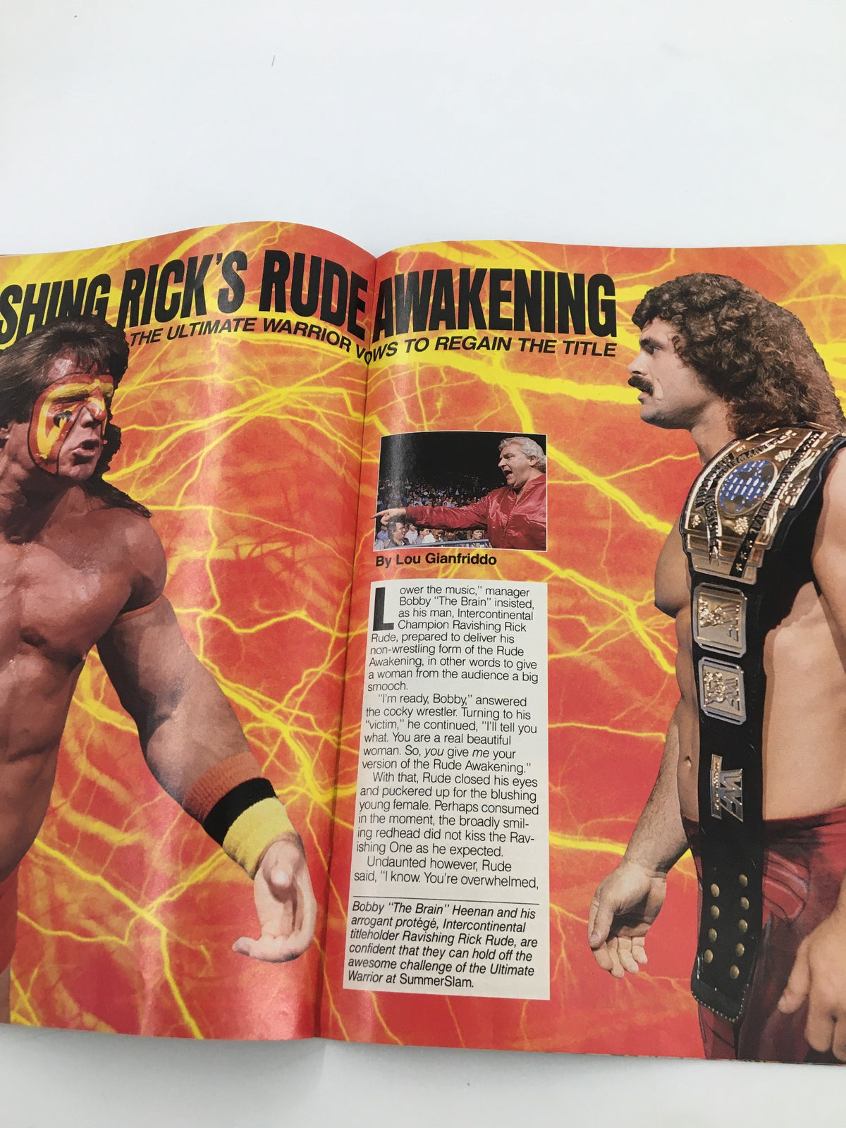 Inside page of the VTG WWF Magazine September 1989 featuring The Ultimate Warrior and Ravishing Rick Rude with a dramatic layout. Discusses the Ultimate Warrior's vow to regain the title.