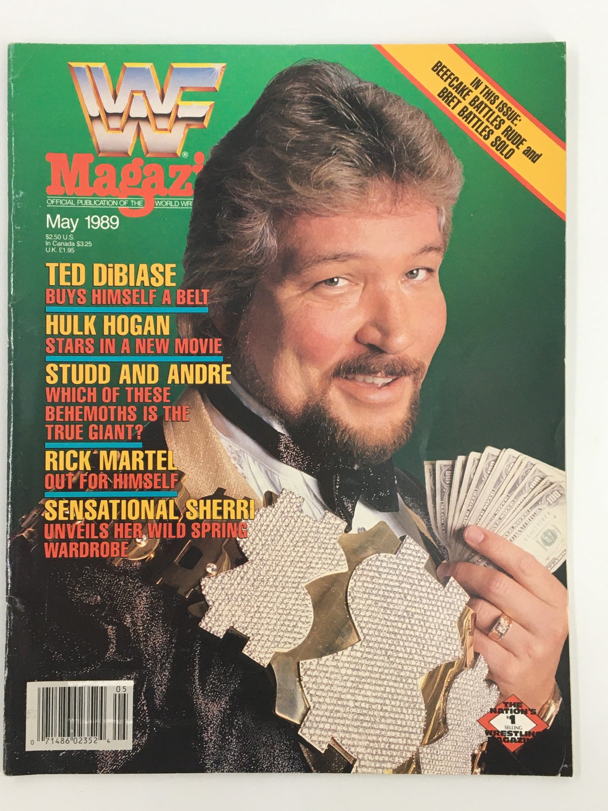 Cover of the VTG WWF Magazine May 1989 featuring Ted DiBiase, with headlines about Hulk Hogan, Big John Studd, and Andre the Giant, highlighting wrestling legends and collectibles.