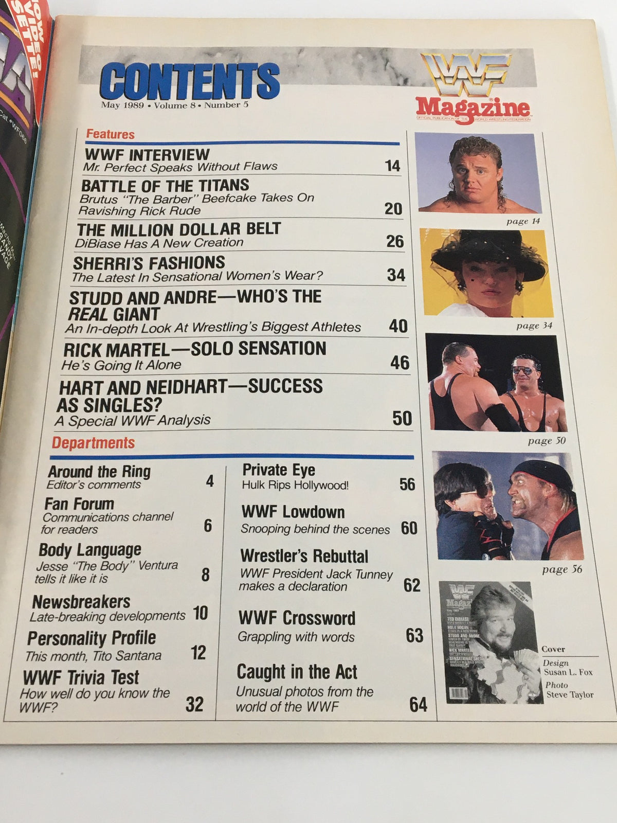 Contents page of the VTG WWF Magazine May 1989 showcasing features and articles such as WWF interview, Sherri's fashions, and Studd and Andre, providing an overview of wrestling history.