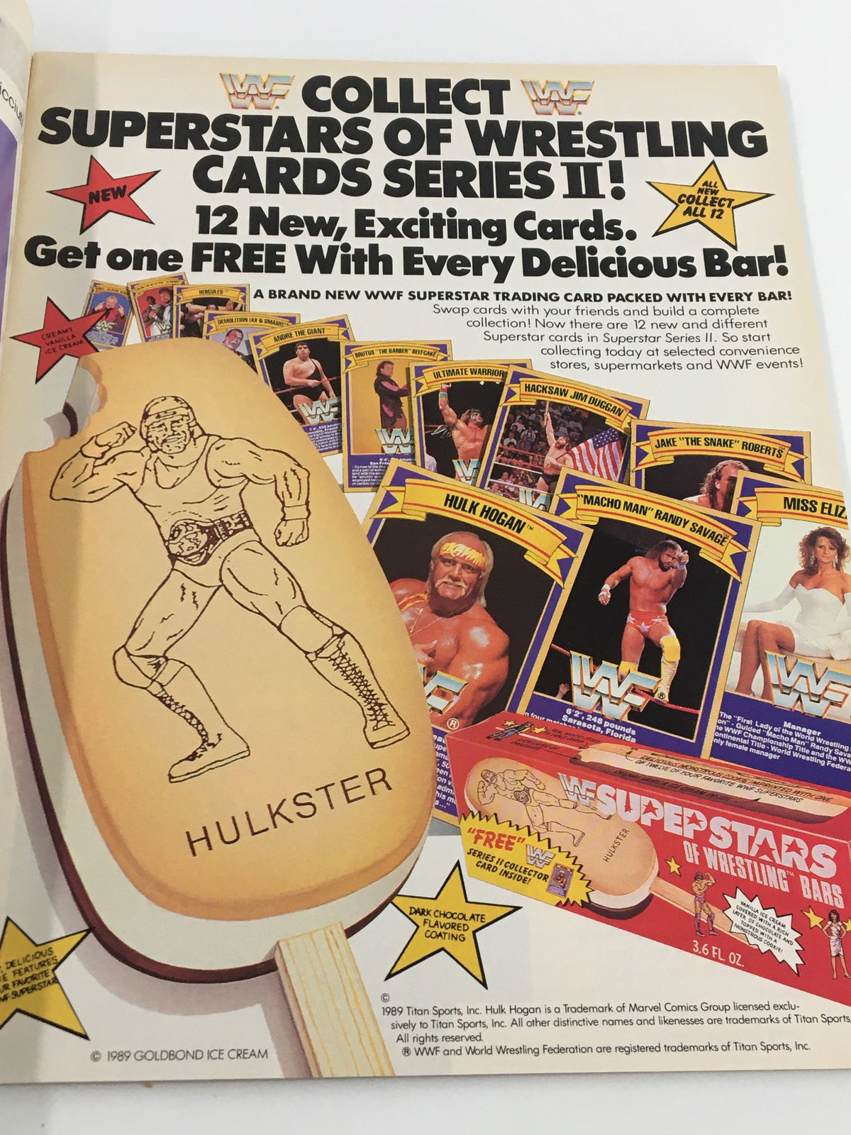 Promotional page from VTG WWF Magazine May 1989 advertising the Superstars of Wrestling trading cards series II, featuring images of wrestling icons like Hulk Hogan and Randy Savage.