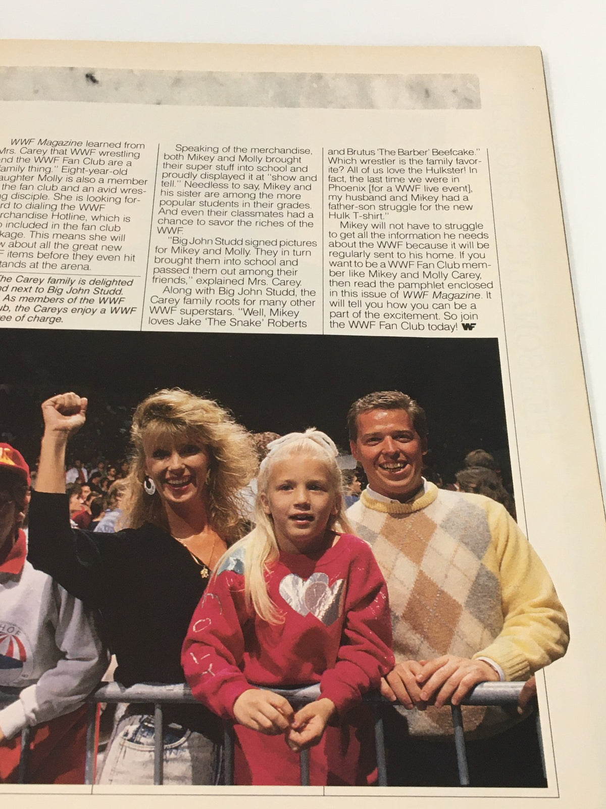 Vintage WWF Magazine May 1989 depicting a family excited at a wrestling event, highlighting their fan club involvement and posing with a WWF Superstar.