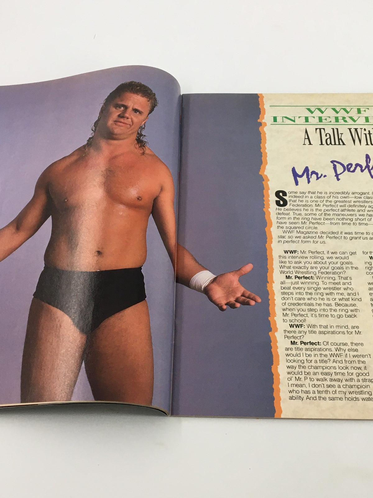 Vintage WWF Magazine May 1989 featuring an interview with Mr. Perfect, showcasing his iconic wrestling persona in a magazine layout.