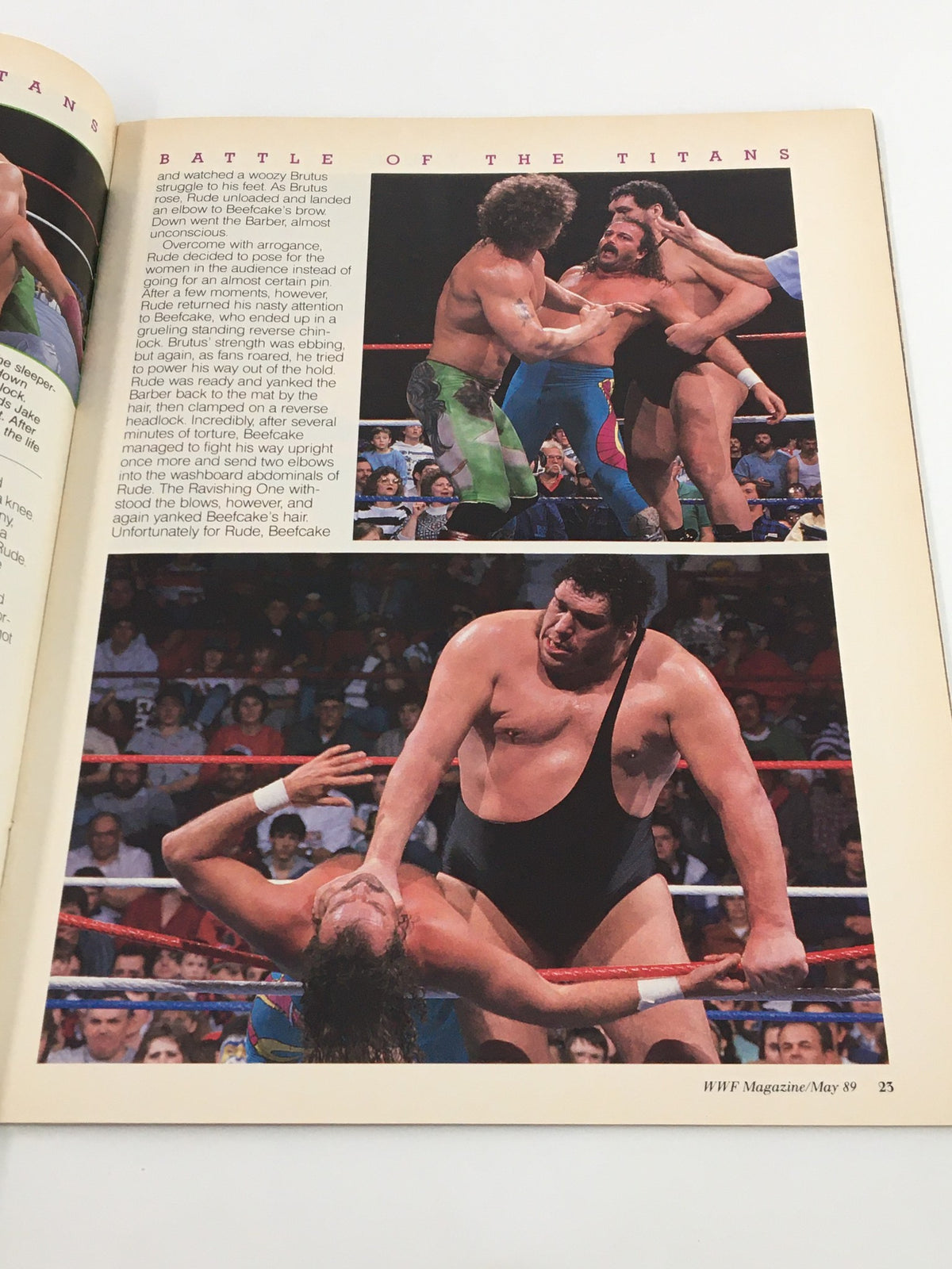 Vintage WWF Magazine May 1989 displaying an intense wrestling match scene between Brutus Beefcake and Andre the Giant, capturing the action and excitement.