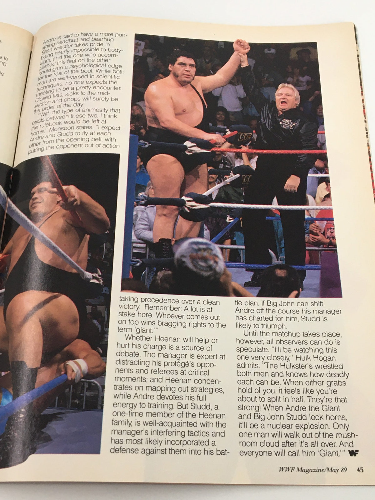 Vintage WWF Magazine May 1989 featuring Andre the Giant in a winning moment at a wrestling match, showcasing his dominance and popularity in the sport.