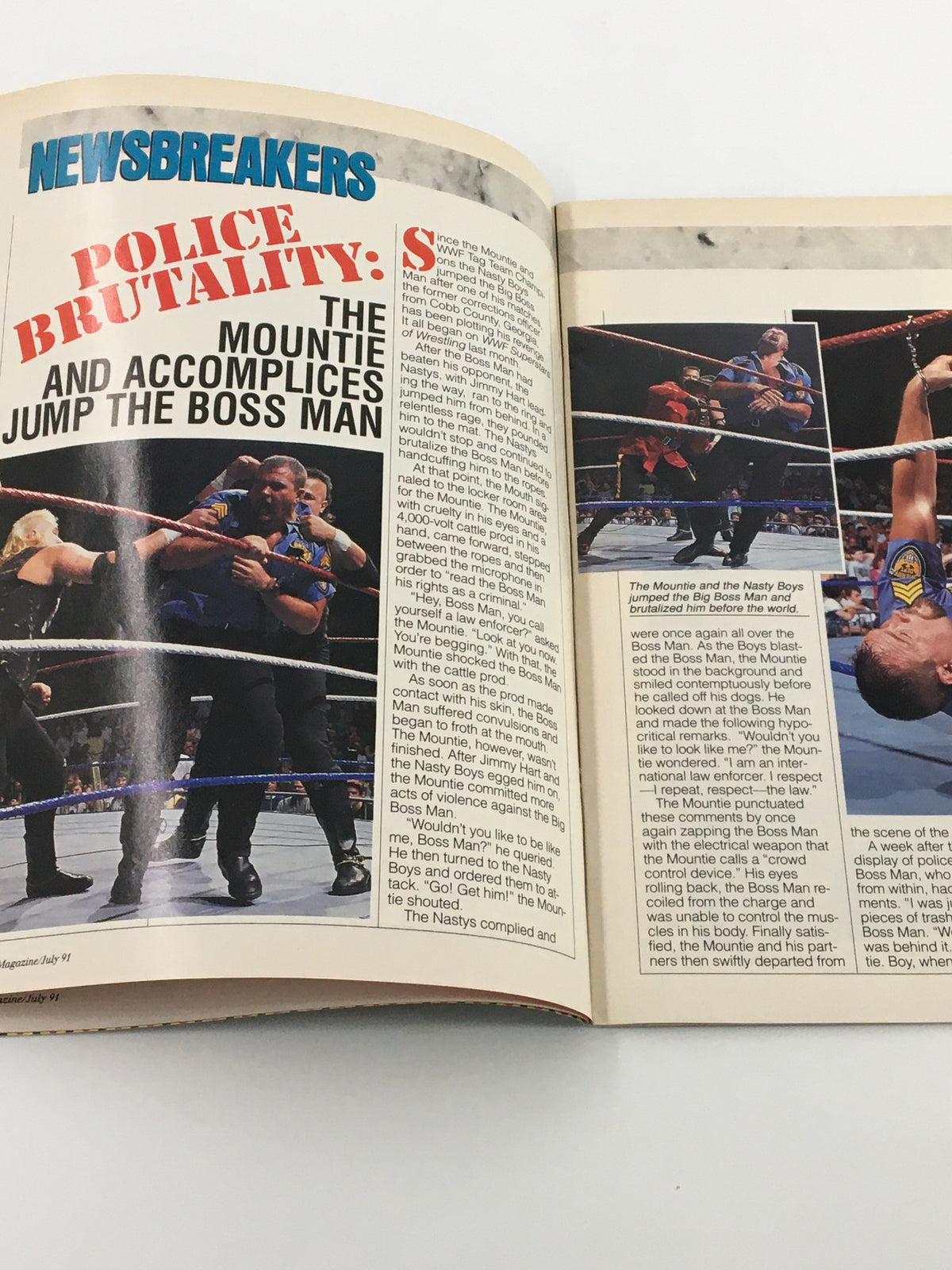 Inside page of the vintage WWF Magazine from July 1991 detailing a news feature about police brutality involving The Mountie and The Nasty Boys. The page includes dramatic images and descriptions from a wrestling event.