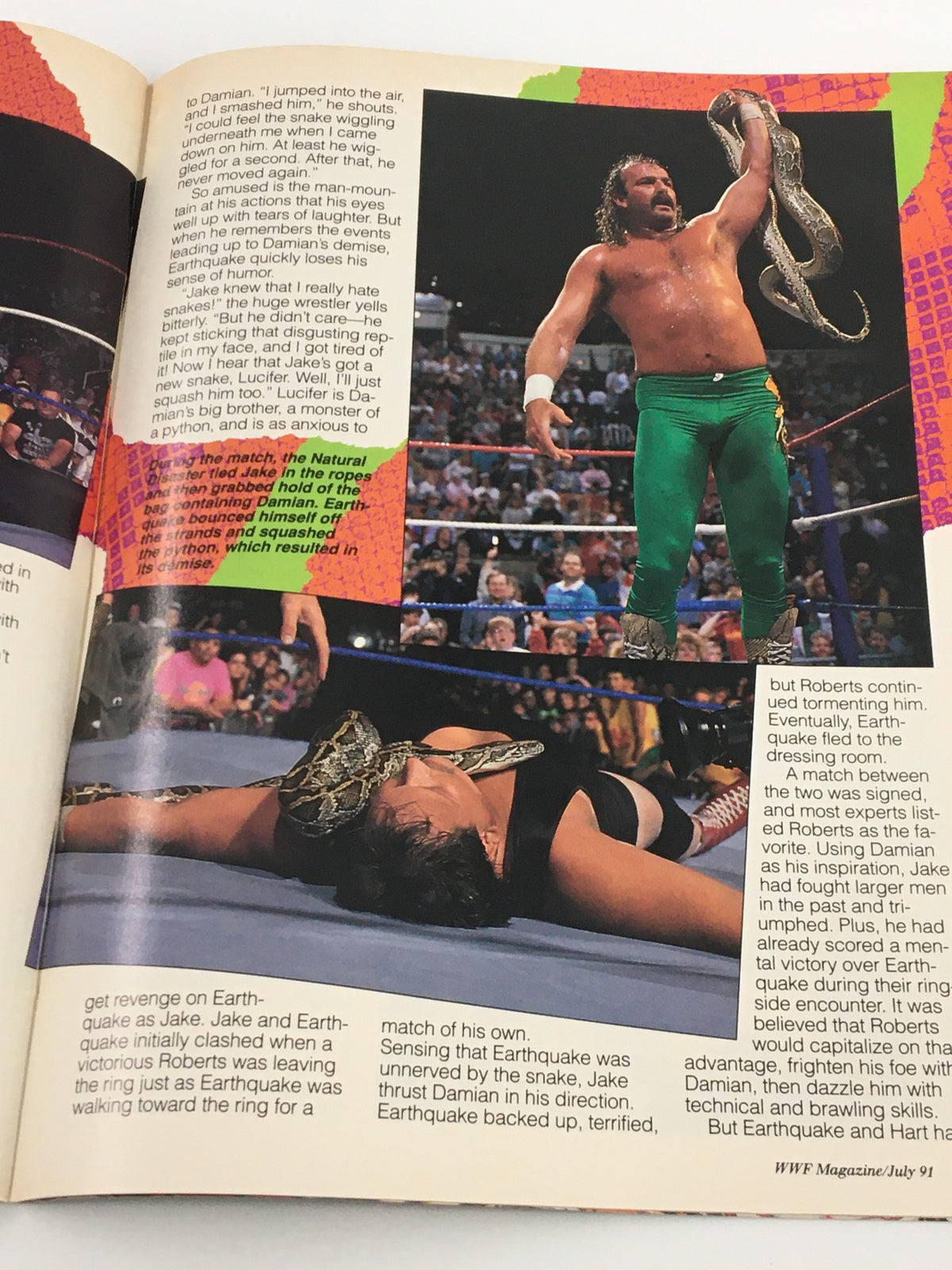 Page from VTG WWF Magazine July 1991 showing Jake the Snake Roberts in the ring, holding a snake, illustrating his dramatic wrestling persona.
