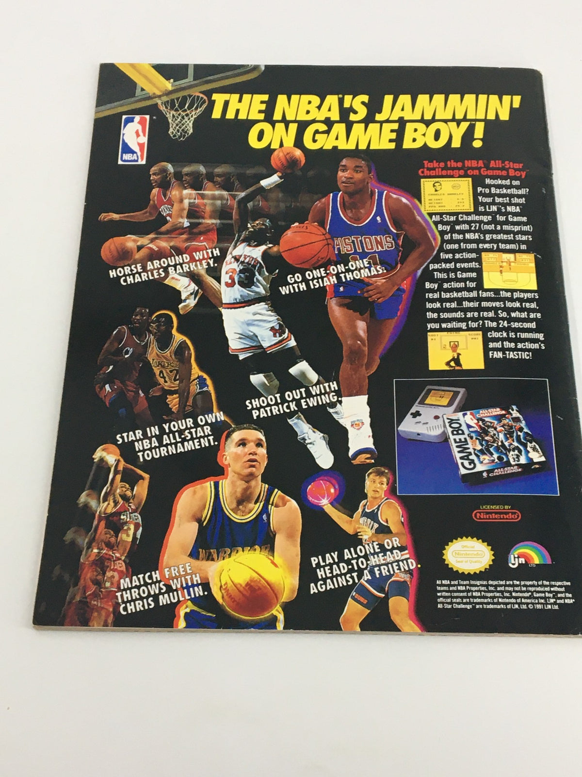 Back cover of VTG WWF Magazine July 1991 featuring an advertisement for NBA's Jammin’ on Game Boy, highlighting basketball players in action.