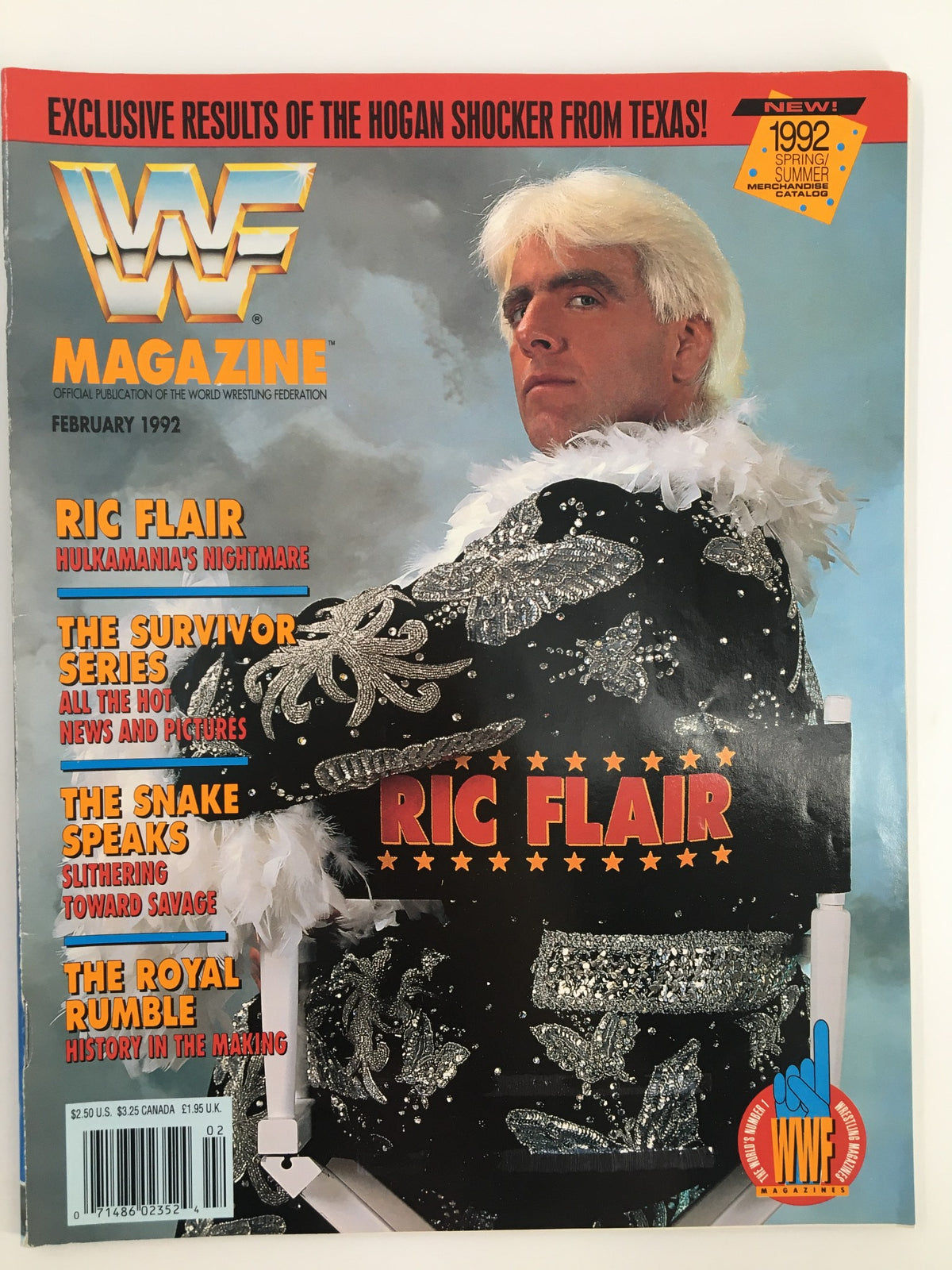 Cover of the February 1992 issue of WWF Magazine featuring Ric Flair, showcasing his iconic persona in a sparkling outfit with a feathered collar.