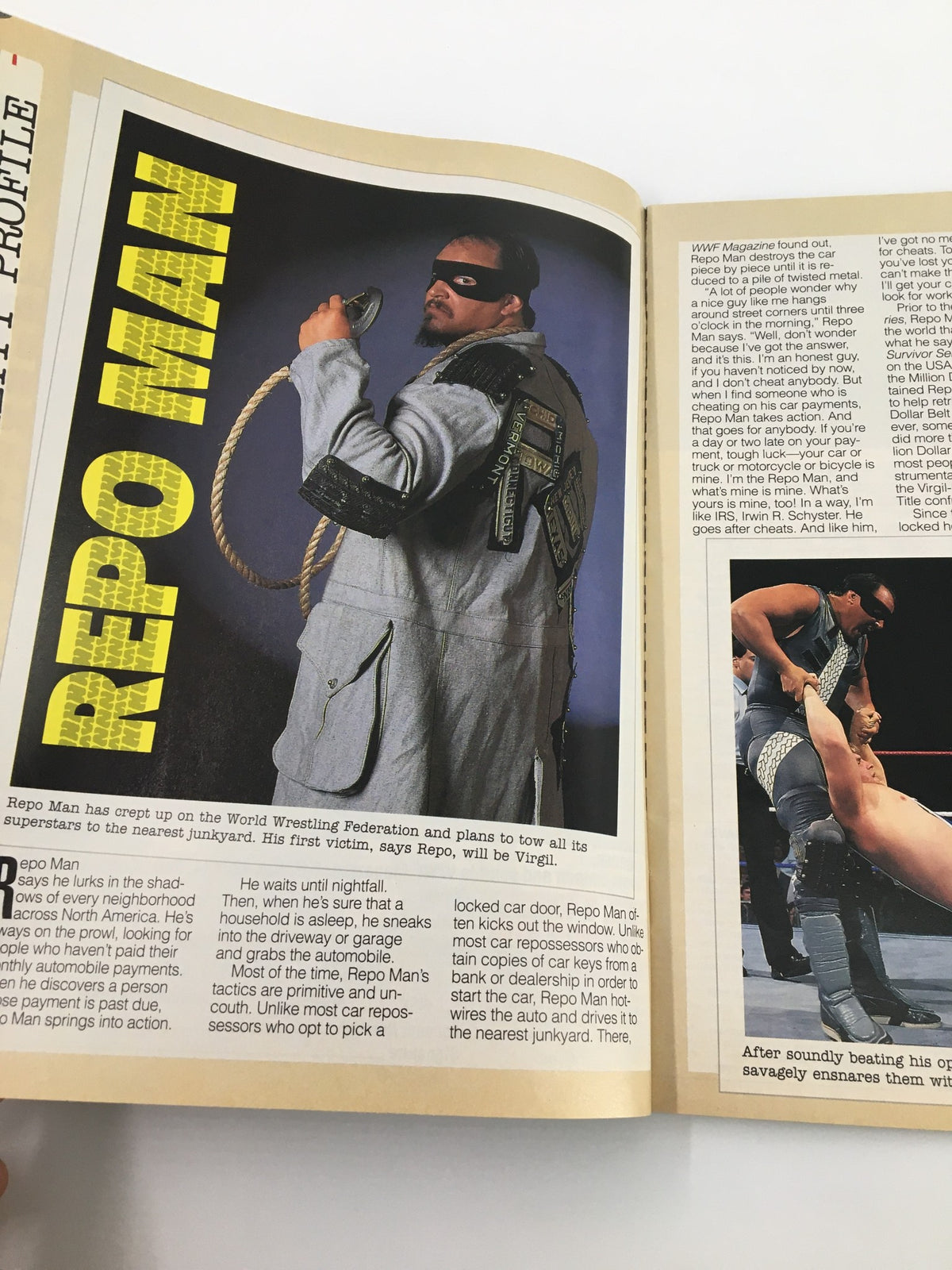 Profile feature of Repo Man in the February 1992 WWF Magazine, presenting his character and unique antics in professional wrestling.