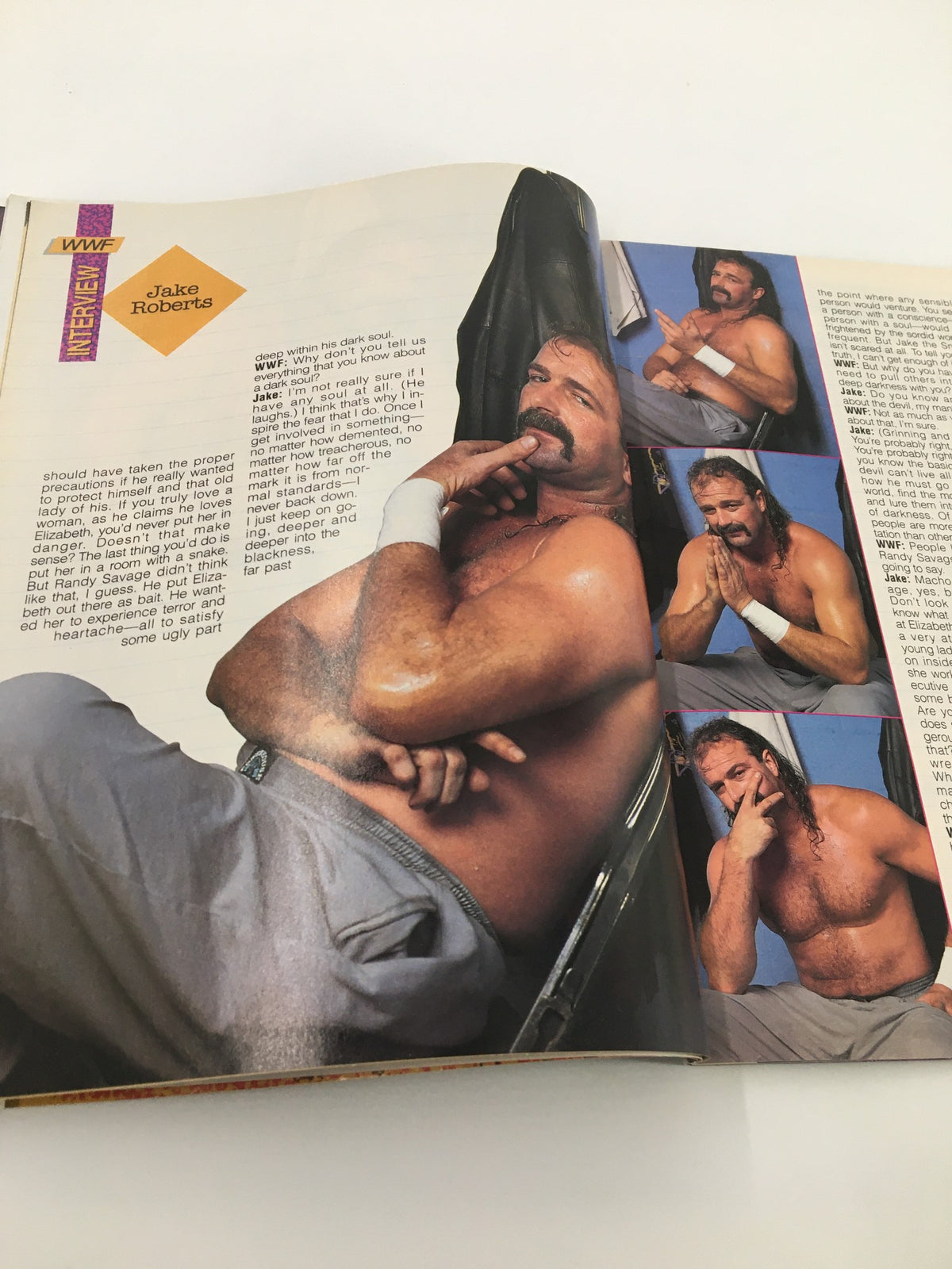 Interview section featuring Jake Roberts in the February 1992 WWF Magazine, discussing his wrestling career and experiences.