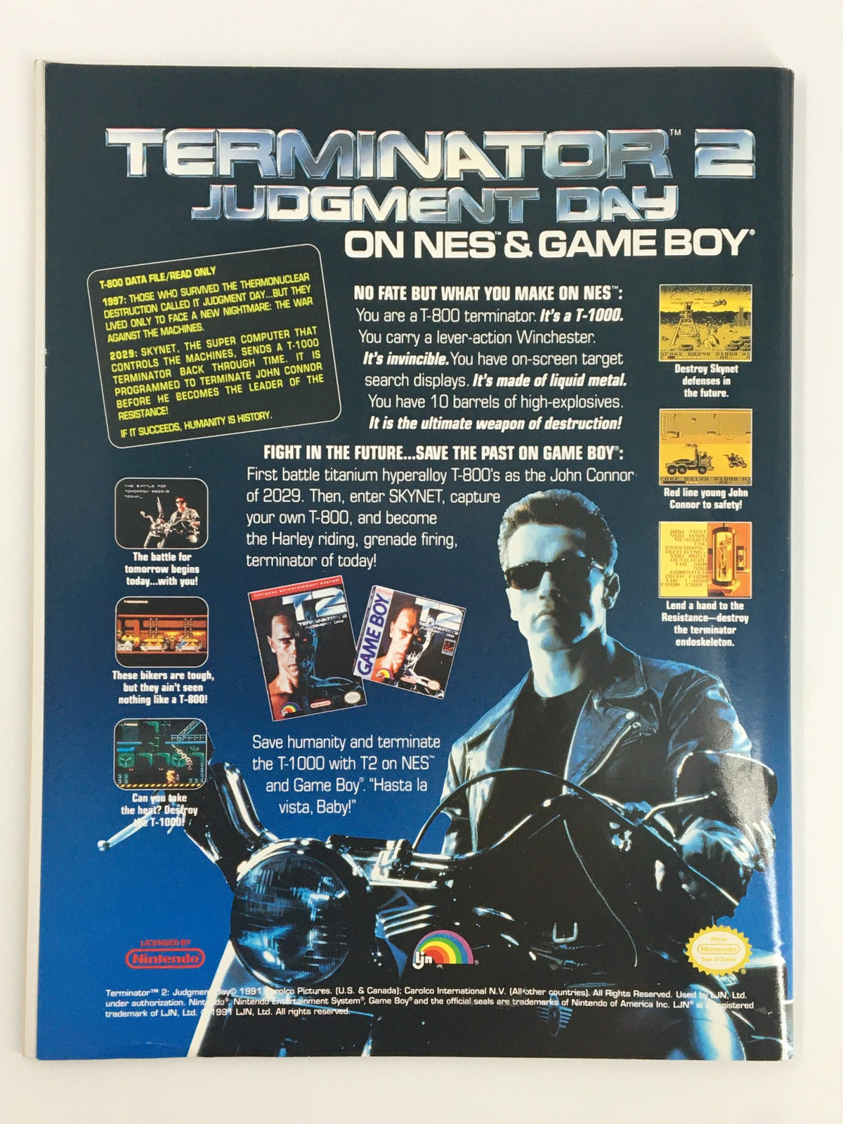 Back cover of the Terminator 2 Judgment Day video game for NES and Game Boy, showcasing promotional graphics and gameplay highlights. Featuring iconic imagery from the film and descriptions of game features, this image relates to the VTG WWF Magazine February 1992 featuring Ric Flair, Repo Man, and Jake Roberts, celebrating the nostalgia of 90s pop culture.
