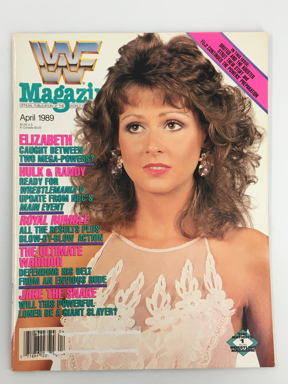 Cover of VTG WWF Magazine April 1989 featuring Miss Elizabeth, showcasing her striking appearance and vibrant fashion, alongside titles mentioning Hulk Hogan and Randy Savage.