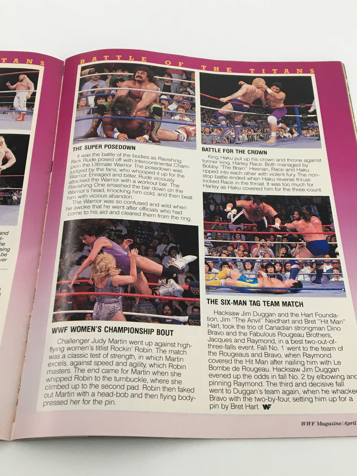 WWF Magazine April 1989 detailing the intense matches of the WWF, featuring a segment called 'Battle of the Titans' with images of prominent wrestlers in competition.