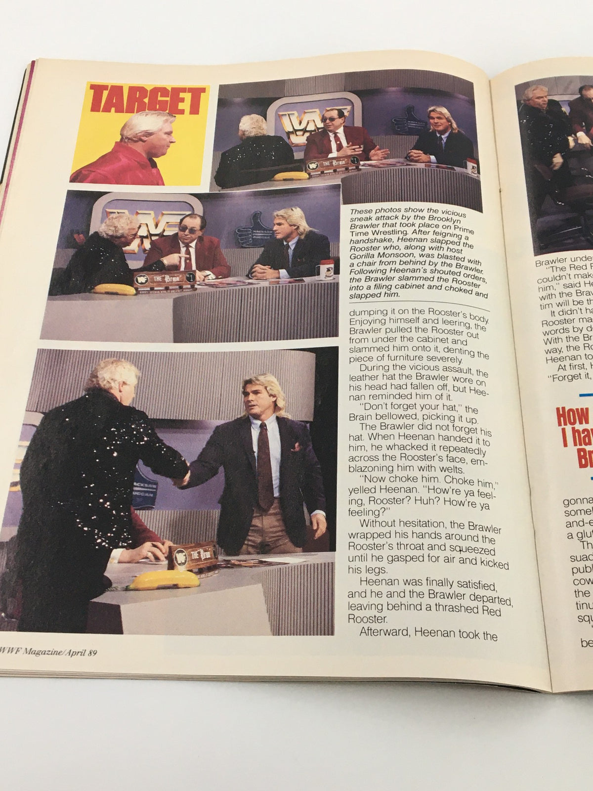 WWF Magazine April 1989 showcasing a dramatic moment from a wrestling segment titled 'Target', featuring notable characters engaged in a discussion and confrontation.