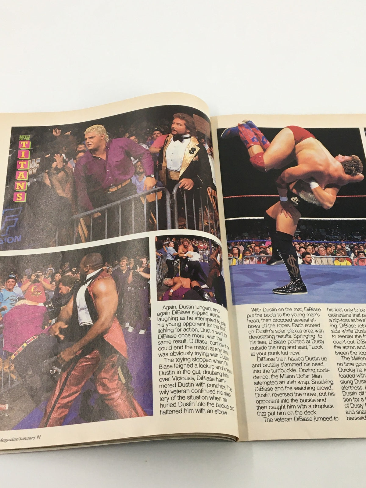 WWF Magazine January 1991 - Action shots depicting a wrestling match, featuring Dustin Rhodes, Ted DiBiase, and their dramatic interactions.