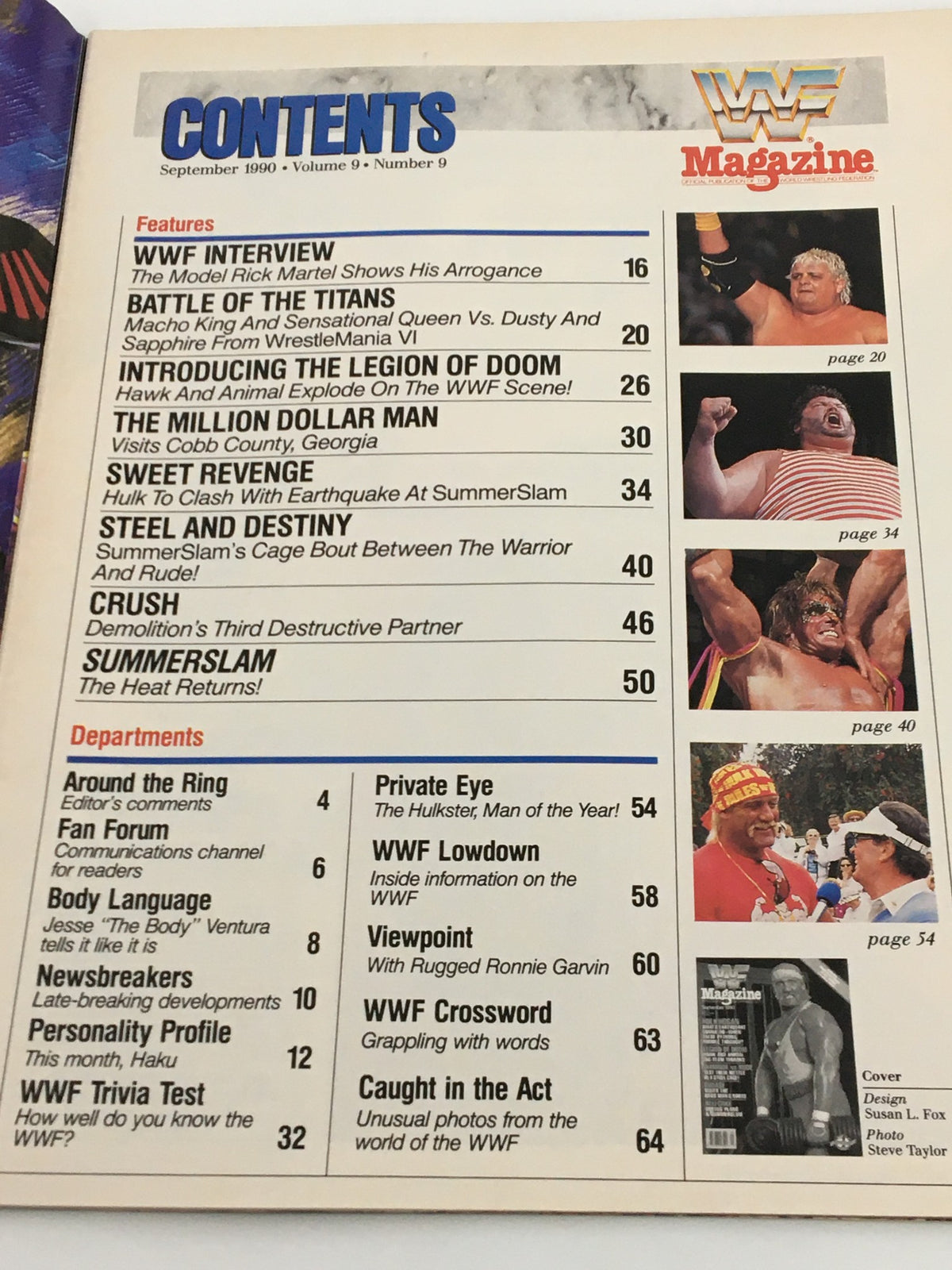 Table of contents from the September 1990 issue of WWF Magazine featuring highlights such as interviews and notable matches, including Hulk Hogan and the Legion of Doom.