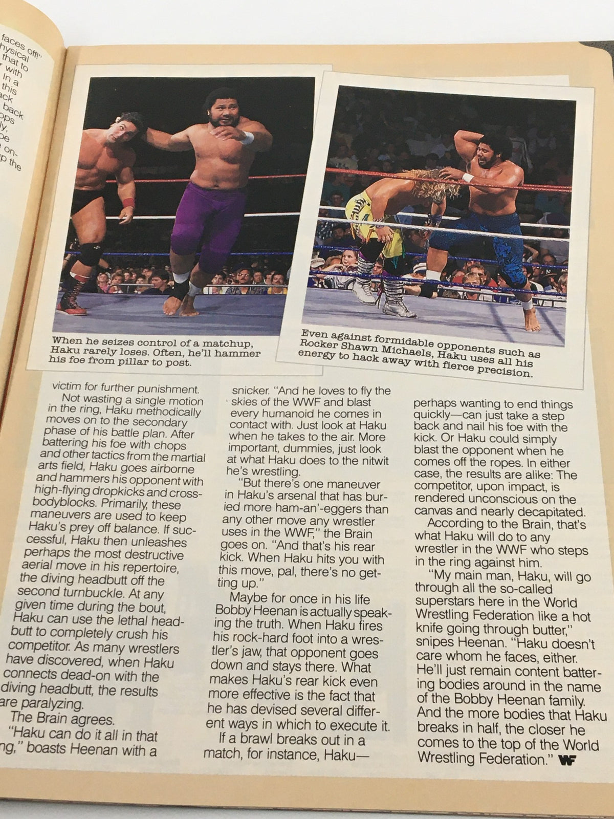 Action photos from the September 1990 issue of WWF Magazine showcasing Haku in the ring during a wrestling match.