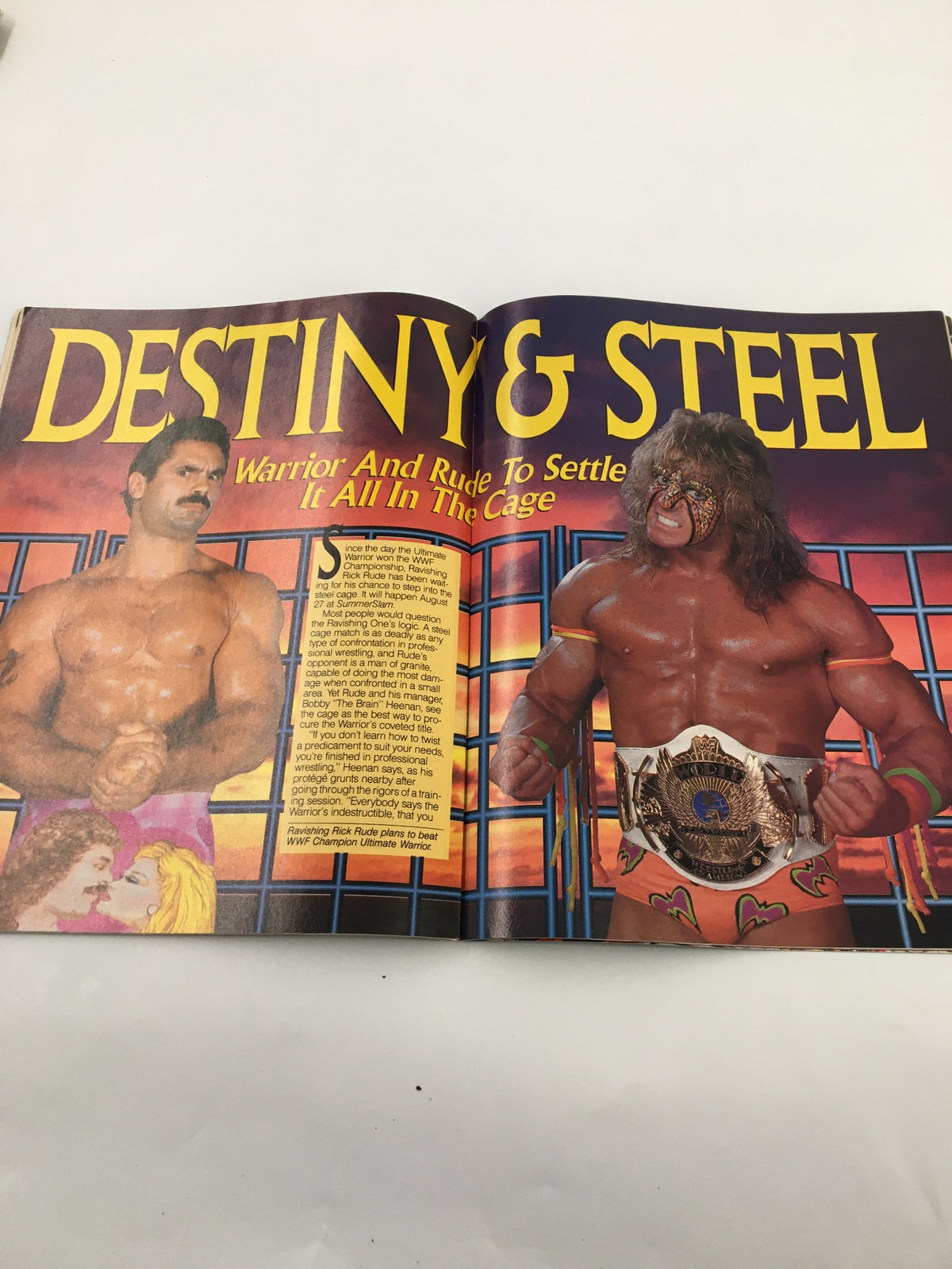 Spread from the September 1990 issue of WWF Magazine featuring an article on the rivalry between Ultimate Warrior and Ravishing Rick Rude.