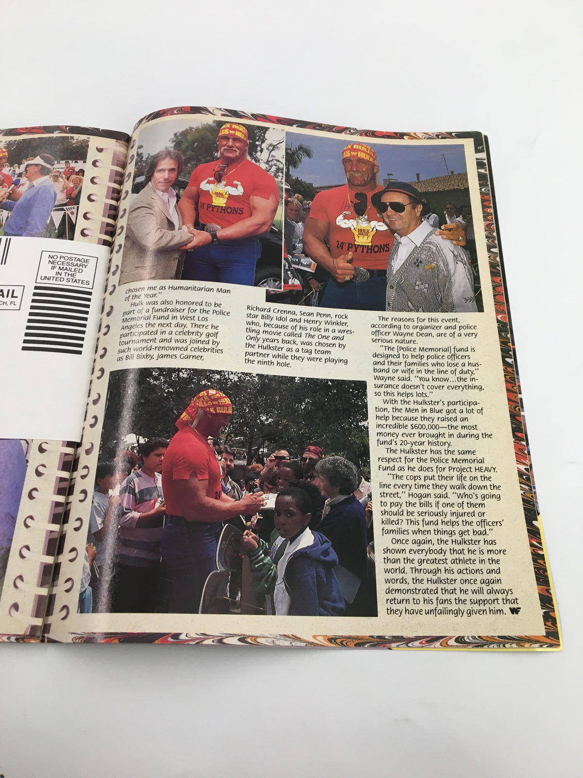 Inside the September 1990 issue of WWF Magazine, featuring Hulk Hogan at a charity event, alongside celebrity guests while engaging with fans and promoting the Police Memorial Fund. This magazine captures a memorable moment in wrestling history.