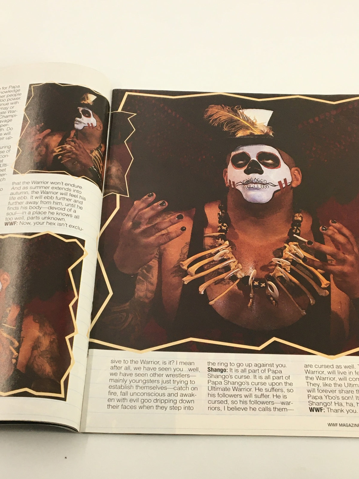 Insightful page from VTG WWF Magazine September 1992 featuring Papa Shango and discussing his character and mystical elements.