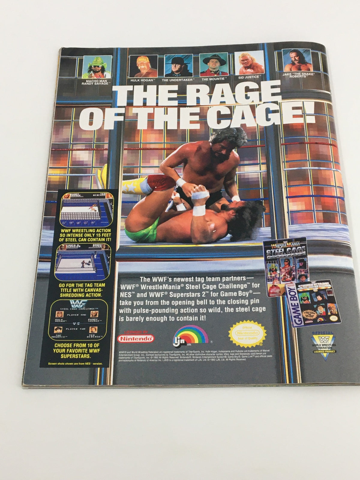 Promotional page for WWF's video game featured in VTG WWF Magazine September 1992 titled 'The Rage of the Cage' with wrestling graphics.