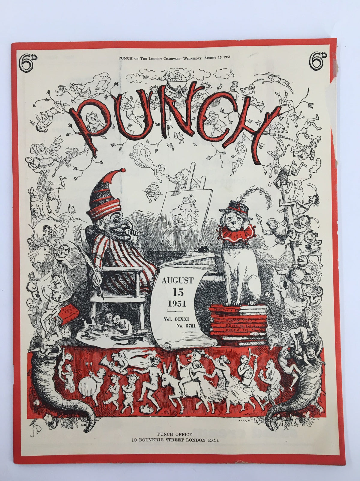 Cover of VTG Punch August 15 1951 WWII Cartoon & Humour Magazine featuring whimsical illustrations and text showcasing the publication date and volume.