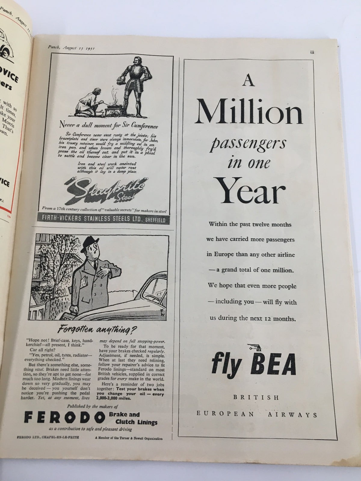 Interior page of VTG Punch August 15 1951 WWII Cartoon & Humour Magazine displaying advertisements and vintage artwork reflective of the 1950s era.