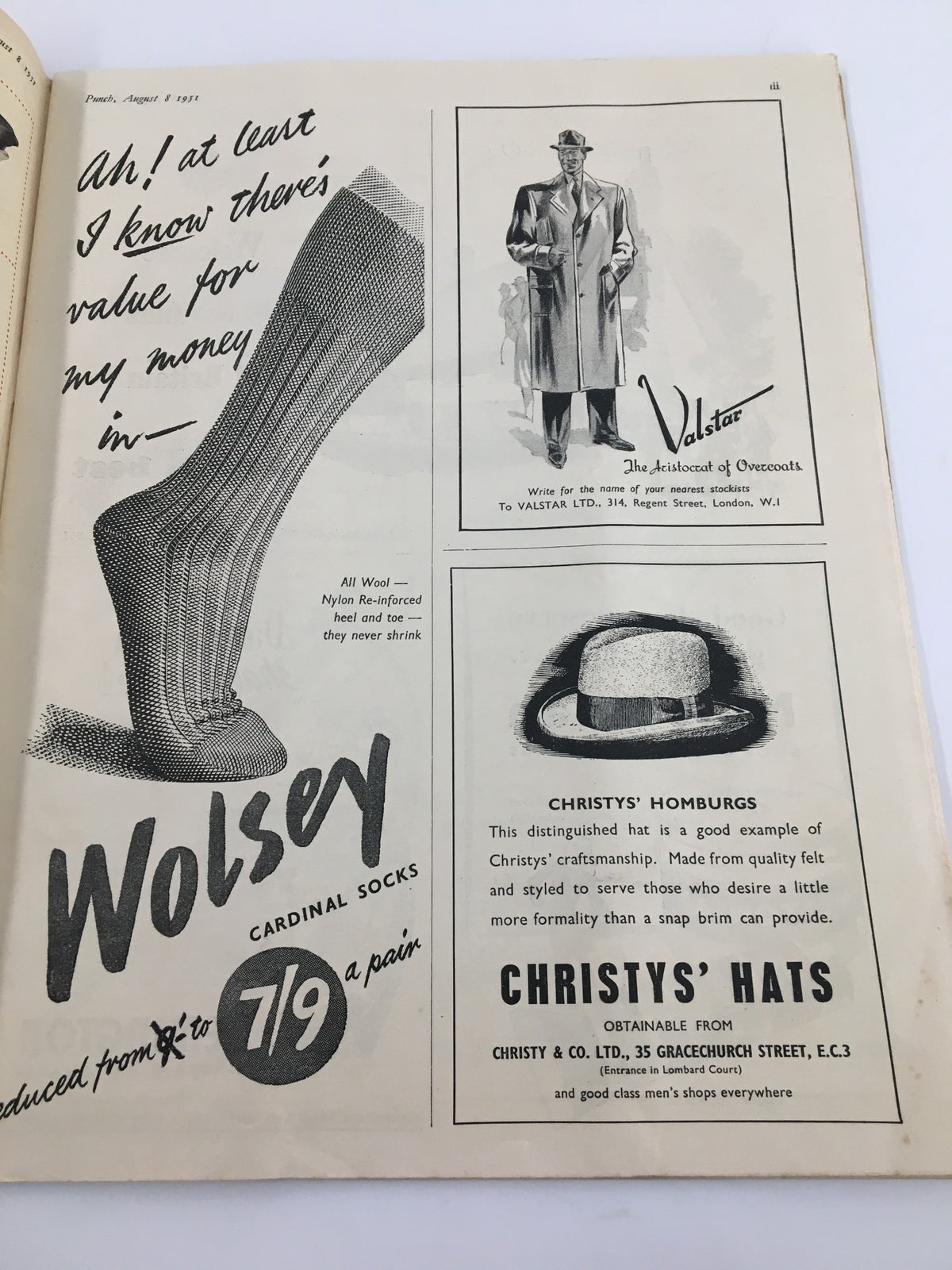 Interior page from the vintage Punch magazine dated August 8, 1951, displaying advertisements and humorous content from the early 1950s.