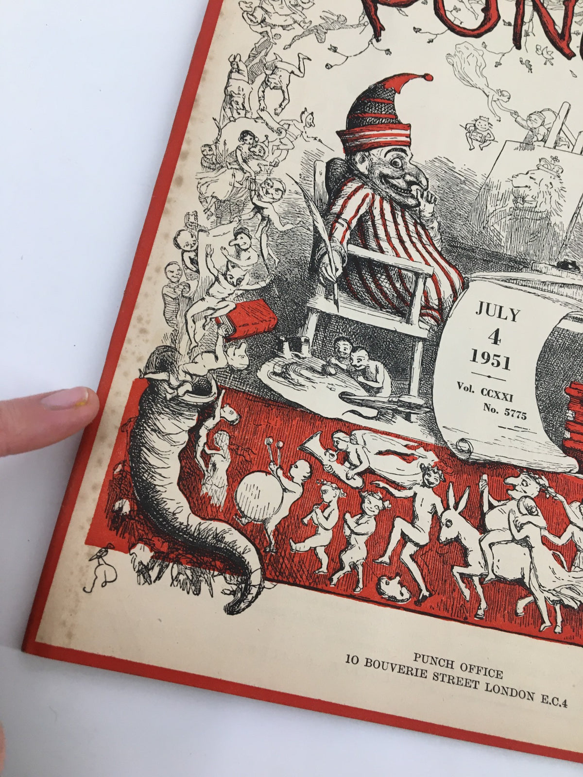 Close-up of VTG Punch July 4 1951 WWII Cartoon & Humour Magazine cover, highlighting the intricate cartoon details and historical value of the issue.