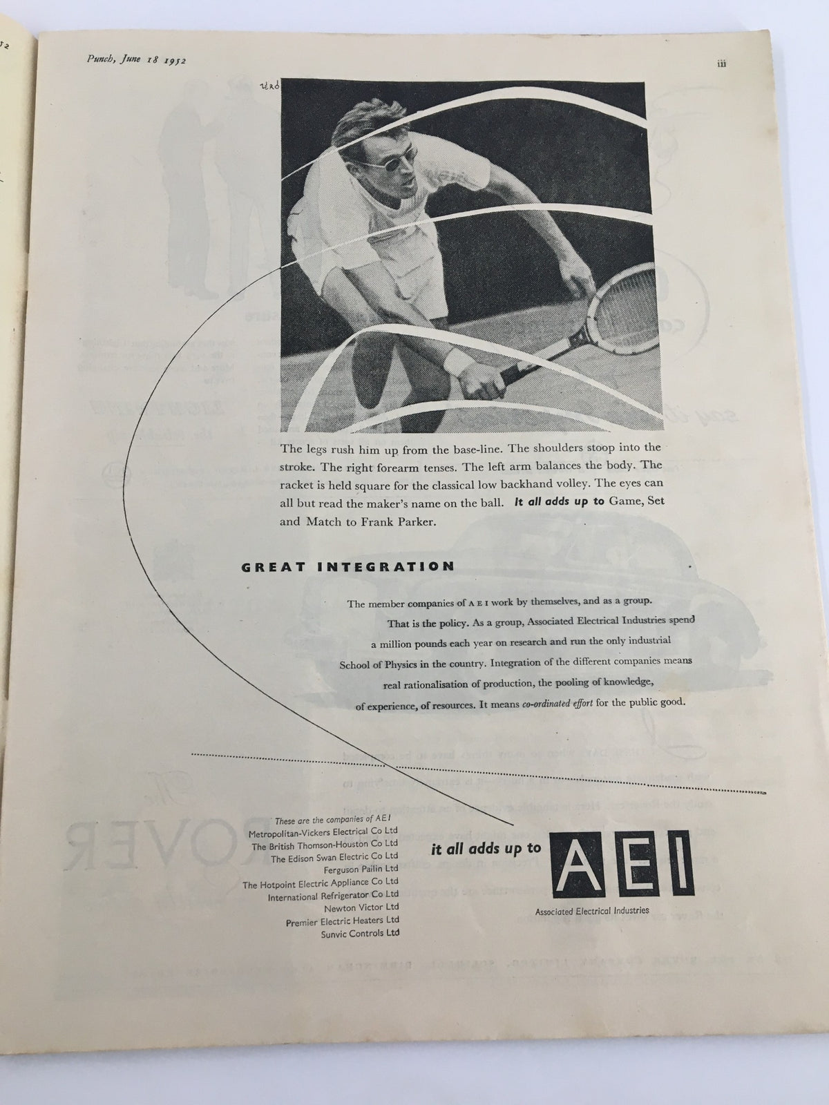 Interior page of VTG Punch magazine from June 18, 1952, showcasing an advertisement and an action shot of a tennis player, reflecting the magazine's diverse content.