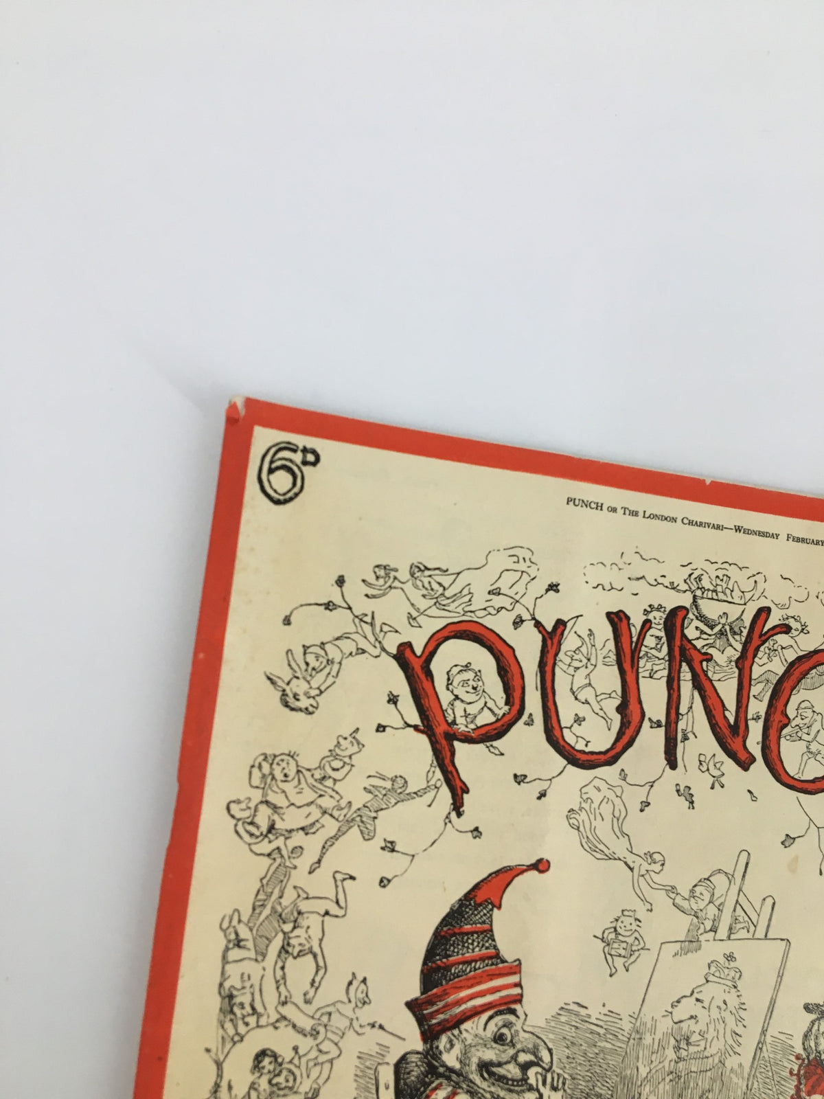 Close-up of the cover of VTG Punch February 18 1953 WWII Cartoon & Humour Magazine showing the details of the title and playful cartoon illustrations.