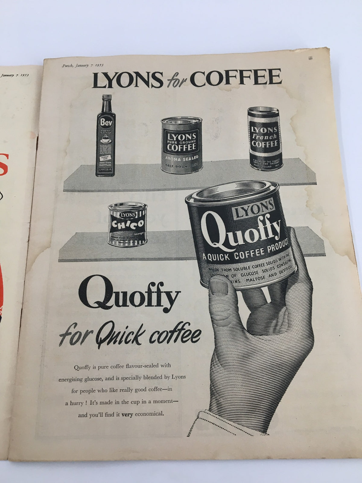 VTG Punch January 7 1953 WWII Cartoon & Humor Magazine featuring an advertisement for Lyons coffee, depicting various coffee can designs and the product 'Quoffy' for quick coffee preparation.