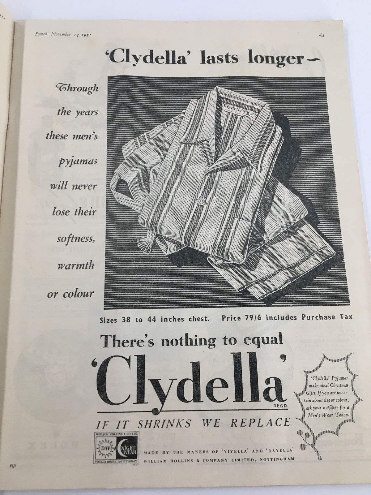 Advertisement page from VTG Punch Magazine dated November 14, 1951, featuring a detailed drawing of men's pajamas, emphasizing durability and style.