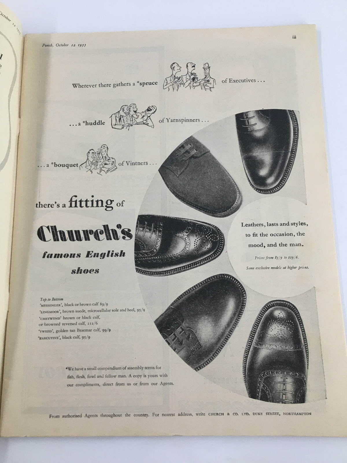 Interior page from VTG Punch October 12, 1955, displaying an advertisement for Church's famous English shoes, highlighting elegant footwear with classic styling.