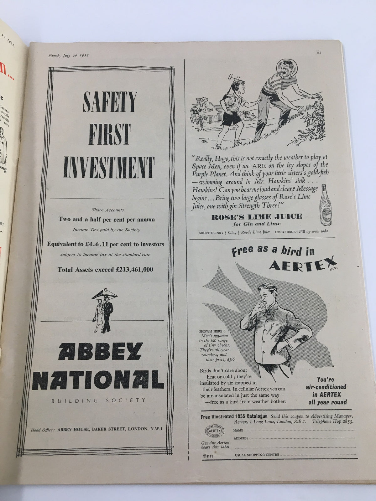 Vintage advertisement page from the VTG Punch magazine dated June 8, 1955, showcasing ads for Abbey National Building Society and Aertex, featuring diverse cartoon illustrations and humor typical of post-WWII publications.
