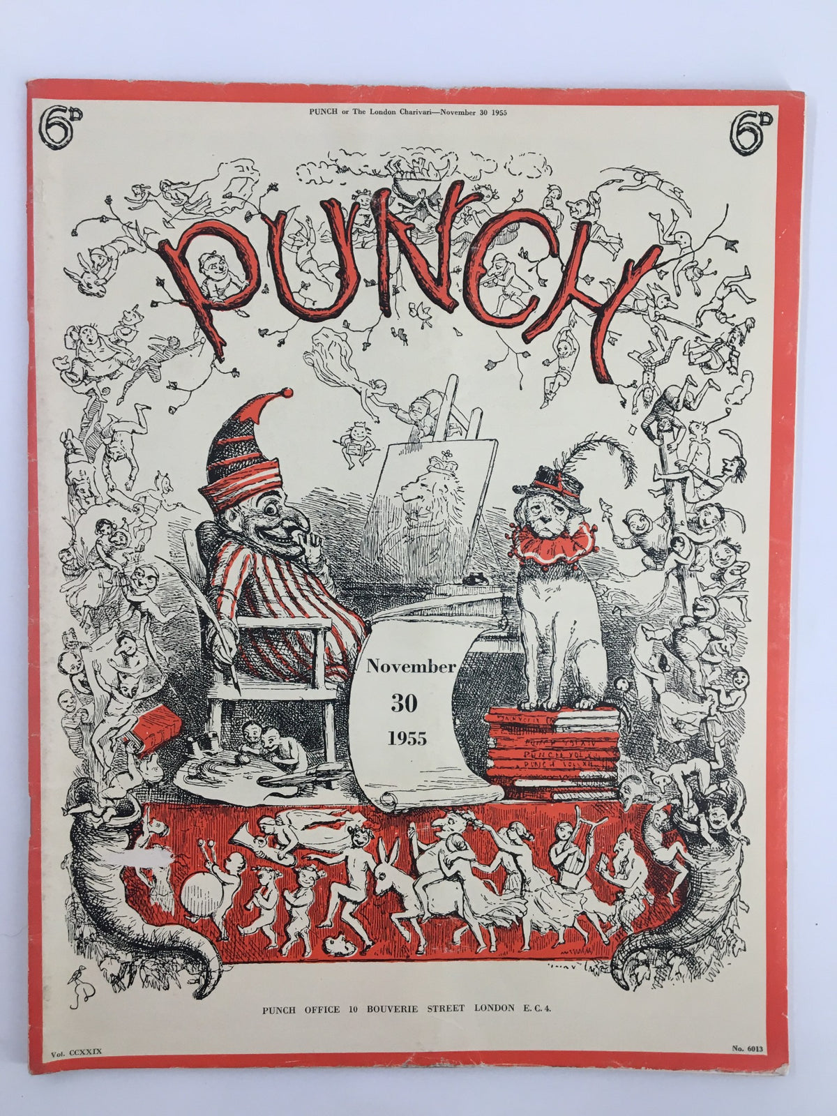 Cover of VTG Punch magazine dated November 30, 1955, featuring whimsical illustrations and humor related to WWII, showcasing a clown and various playful caricatures.