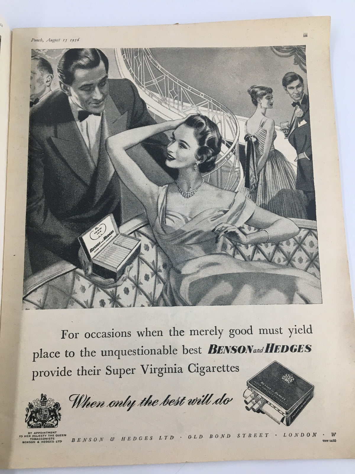 Interior page of the VTG Punch August 15 1956 magazine showcasing a vintage advertisement for Benson & Hedges cigarettes with a stylish couple at a social event.