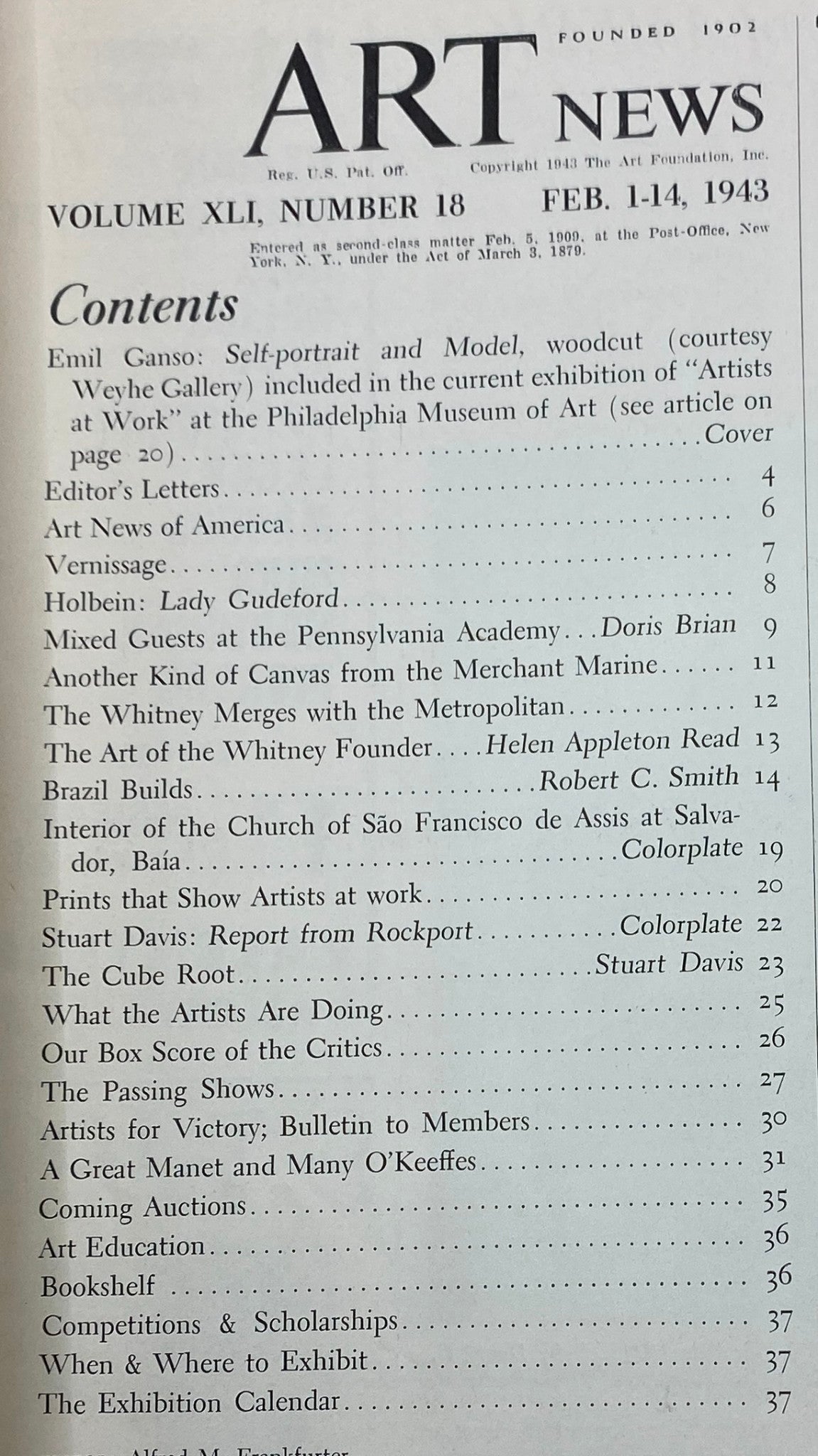 Contents page of the Art News Magazine from February 1, 1943, detailing articles including Emil Ganso's Self-portrait and Model.