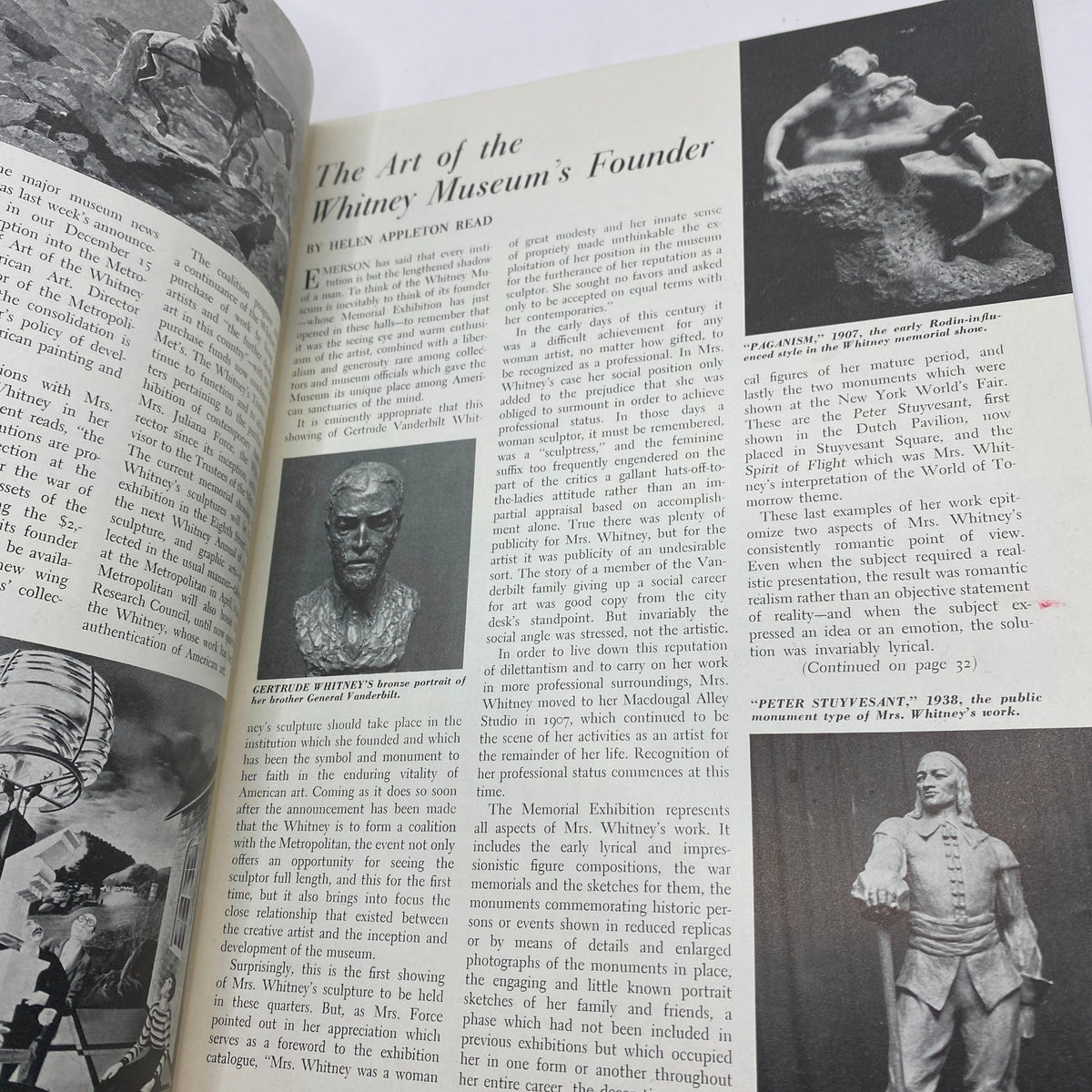 Article page from Art News Magazine February 1, 1943, featuring a discussion on the art of Helen Appleton Read, founder of the Whitney Museum.