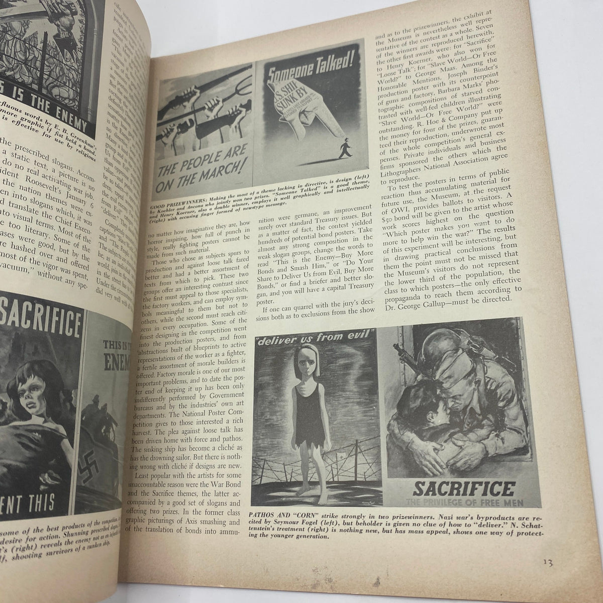 Interior page of the Vintage Art News Magazine displaying wartime posters and significant articles related to art from December 1-14, 1942. The page features vintage advertisements related to World War II.