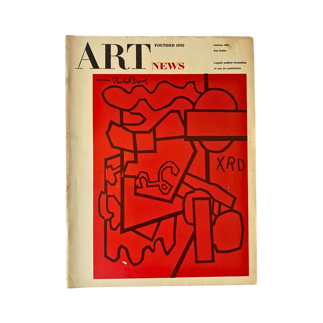 VTG Art News Magazine January 1956 featuring the iconic cover artwork 'Cliché' by Stuart Davis, showcasing a vibrant red background with abstract shapes and lines.