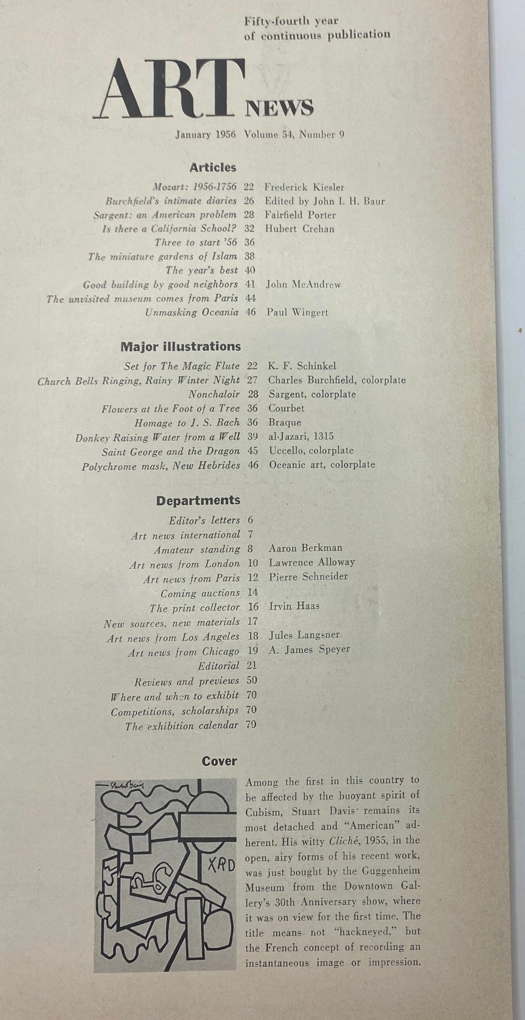 Interior page of the January 1956 issue of ART News Magazine detailing articles and illustrations, including 'Cliché' by Stuart Davis, capturing the essence of mid-20th century art.