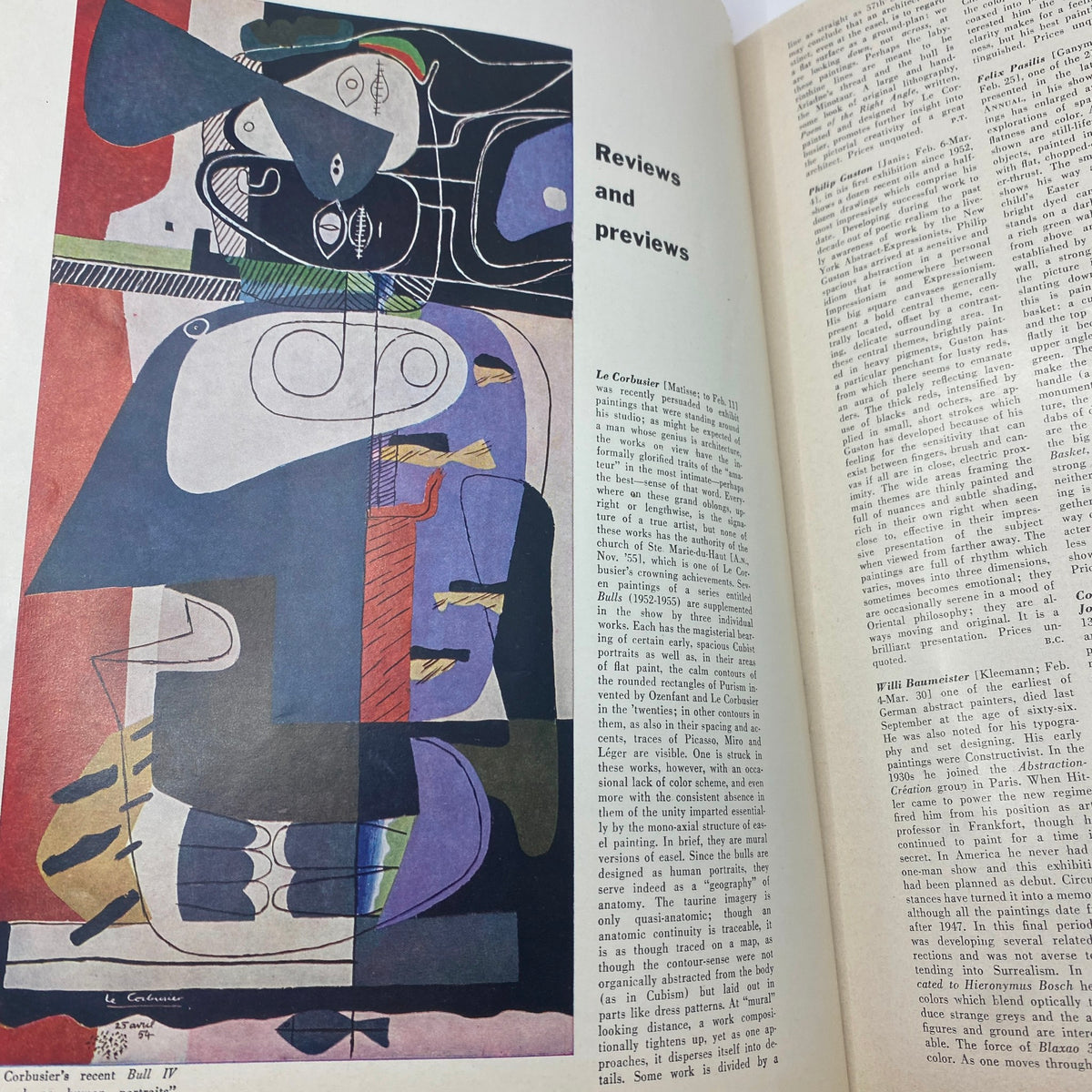 Page from Art News Magazine February 1956 featuring a review and preview of works by Le Corbusier, alongside a colorful illustration.