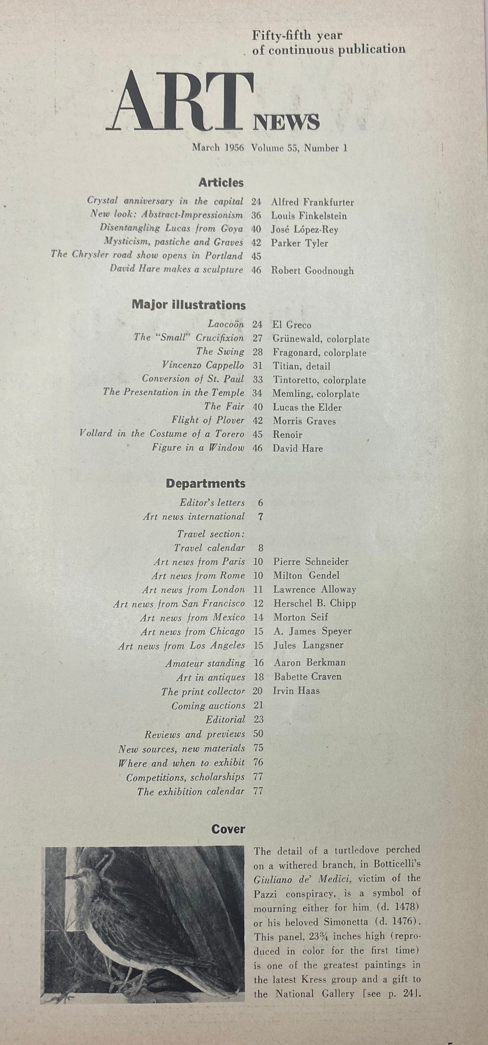 Table of contents from the March 1956 issue of Art News Magazine, featuring articles on art movements and notable exhibitions, relevant to the title 'VTG Art News Magazine March 1956 Botticelli’s Giuliano de’ Medici No Label'.