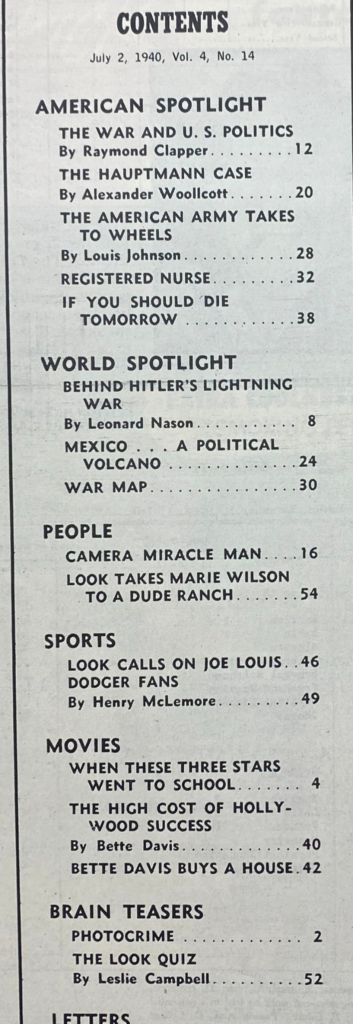 Contents page of the Vintage Look Magazine, July 2, 1940, Vol 4 No. 14, detailing features such as 'The War and U.S. Politics', 'The Hauptmann Case', and 'Behind Hitler's Lightning War' by Leonard Nason.