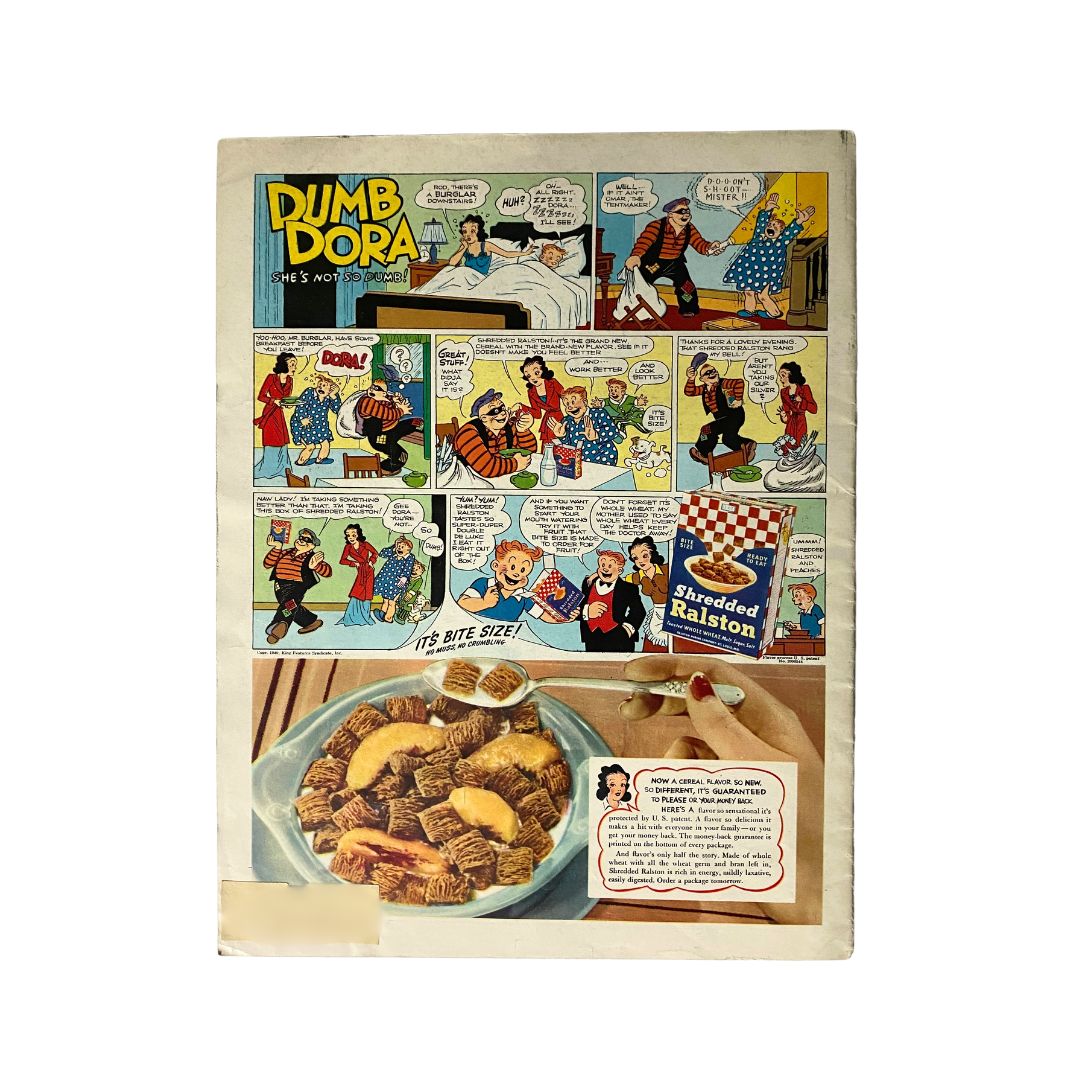 Vintage comic strip from Look Magazine July 2, 1940 featuring 'Dumb Dora' alongside a cereal advertisement for Shredded Ralston. Accompanied by vibrant illustrations characteristic of comic panels during the early 1940s.