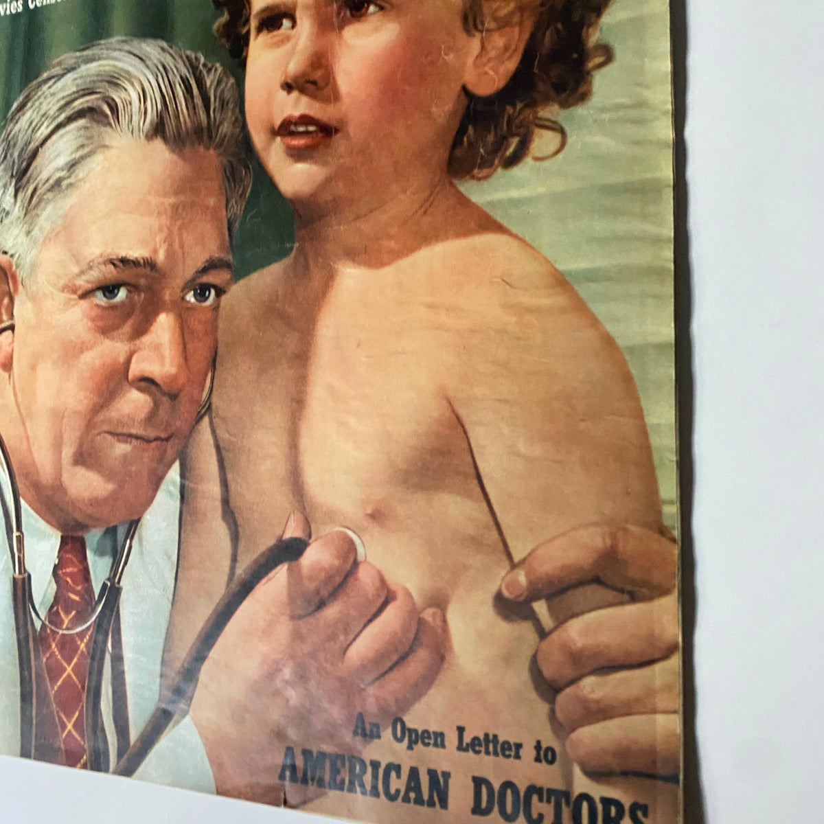 Close-up of the cover of VTG Look Magazine January 17, 1939 Vol 3 No. 2 showing a doctor with a stethoscope and a young girl, emphasizing the open letter to American doctors.